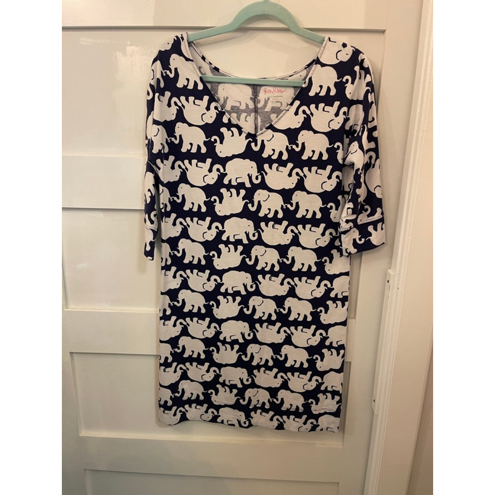 Lilly Pulitzer Tusk In Sun Elephant Print Dress Navy White Pima Cotton Size Smal